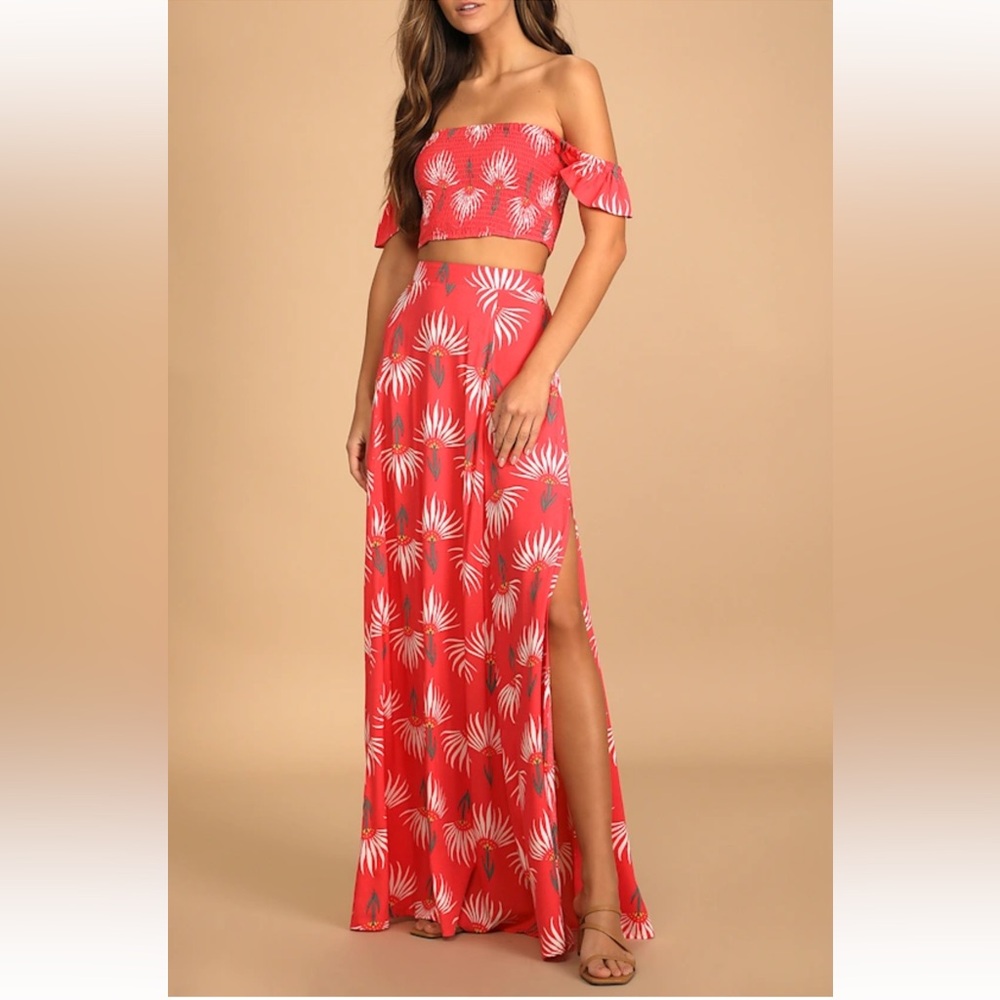 Lulus Trancoso Coral Floral Print Two-piece Maxi Dress Pink Coral - Size XS